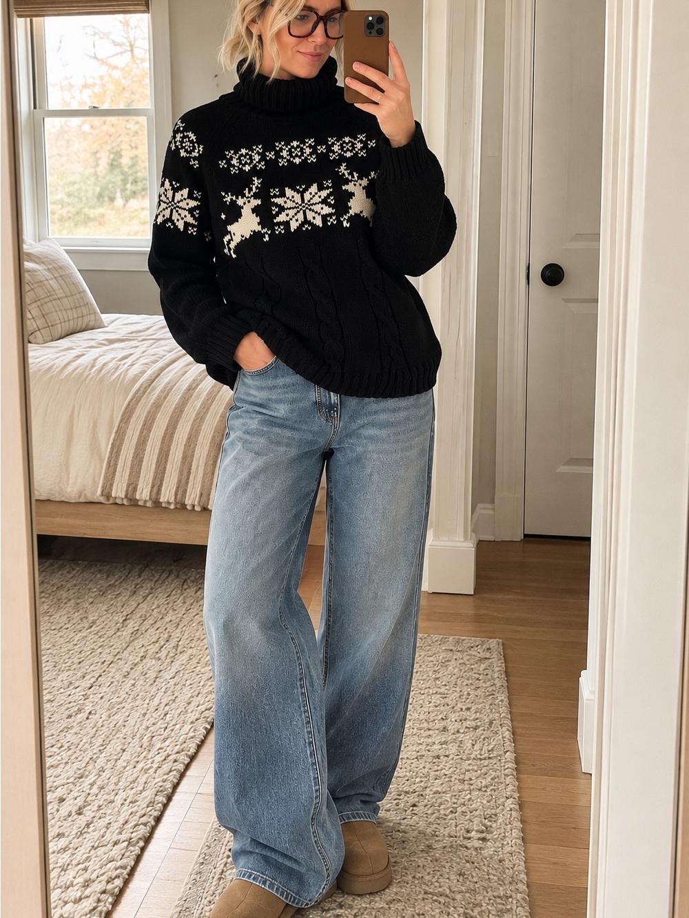 Lands’ End XL 100% Cotton Fair Isle Reindeer Cable Knit Turtleneck Sweater